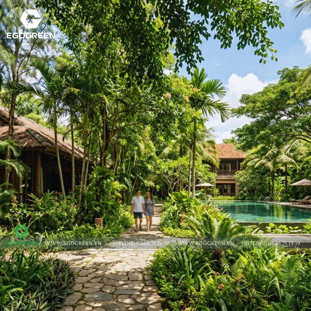 Không gian resort được bao phủ bởi cây xanh tạo cảm giác mát mẻ giữa mùa hè.